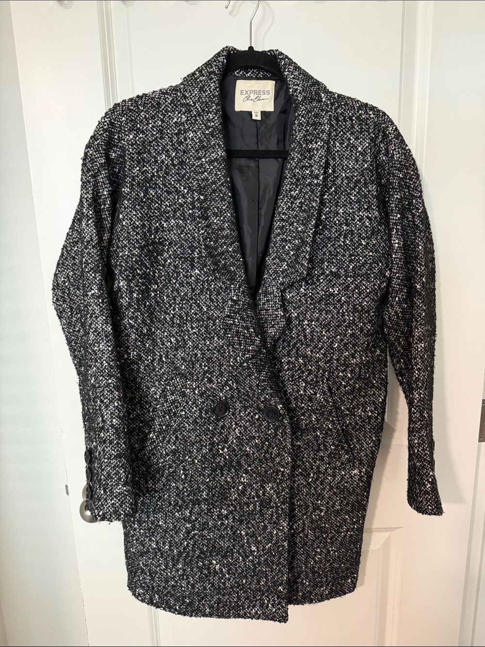 Express One Eleven Black & White Tweed Double-Breasted Blazer Coat